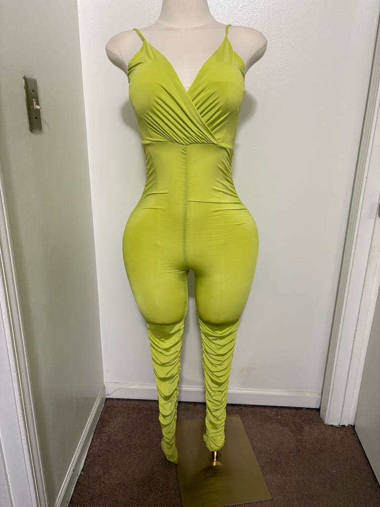 Ruched Lime Green SpaghettiStrap Jumpsuit Nwot